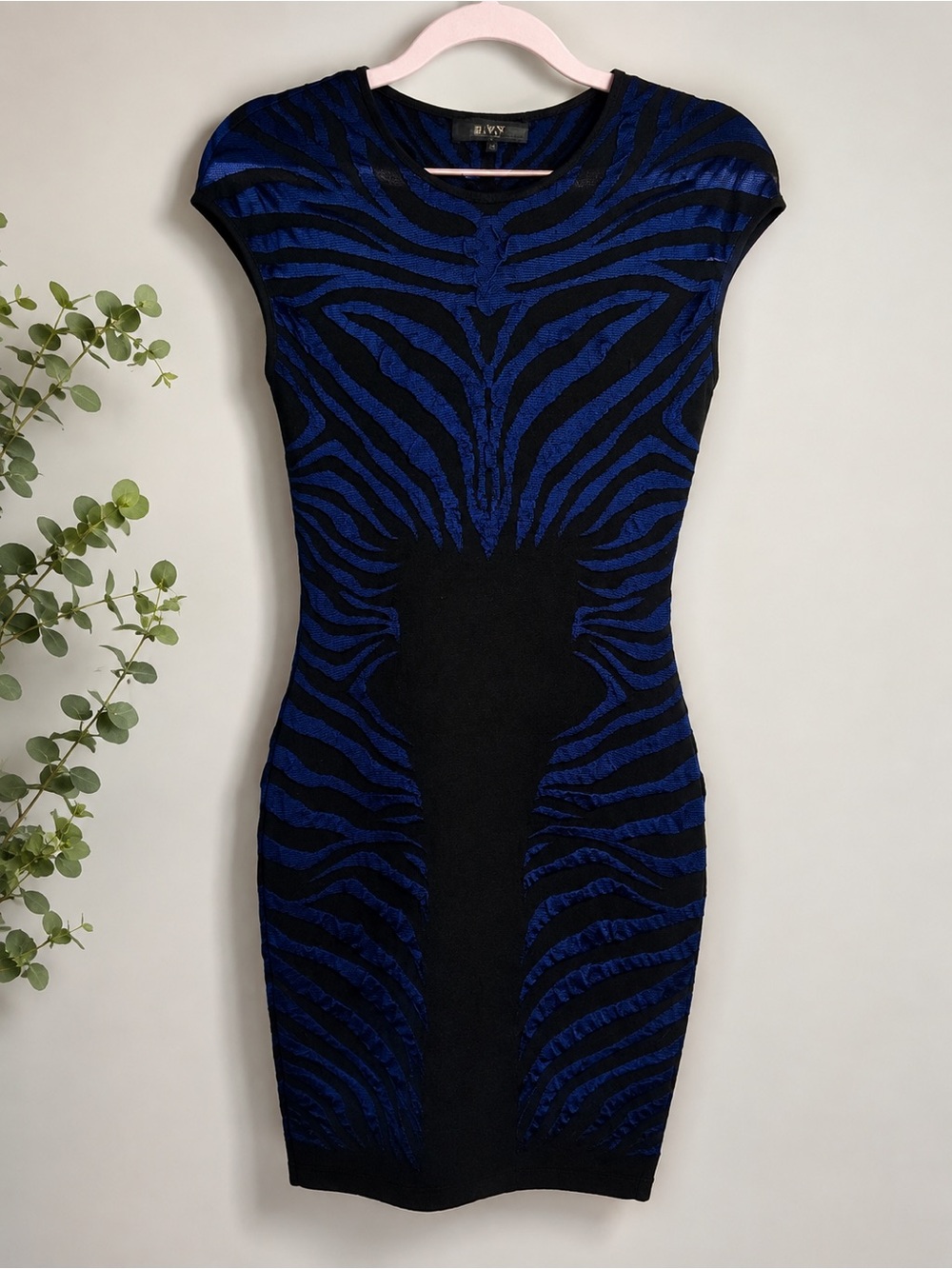 RVN Medium Black Blue Zebra Jacquard Bodycon Bandage Knit Dress